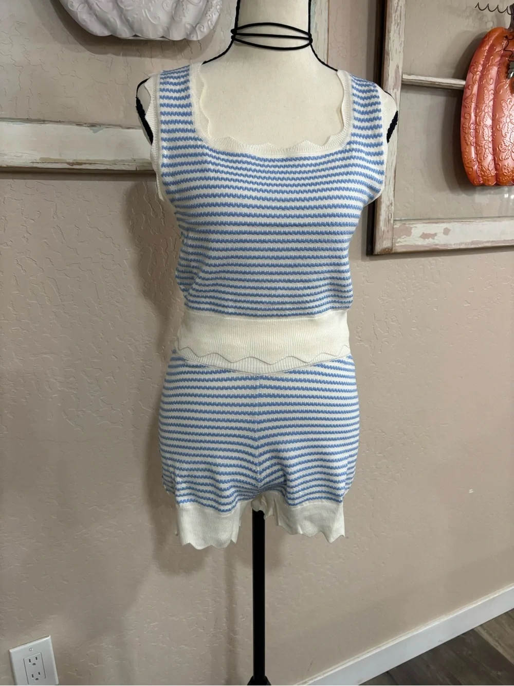Striped Scallop-Trim Tank & Short Set - Light Blue/White